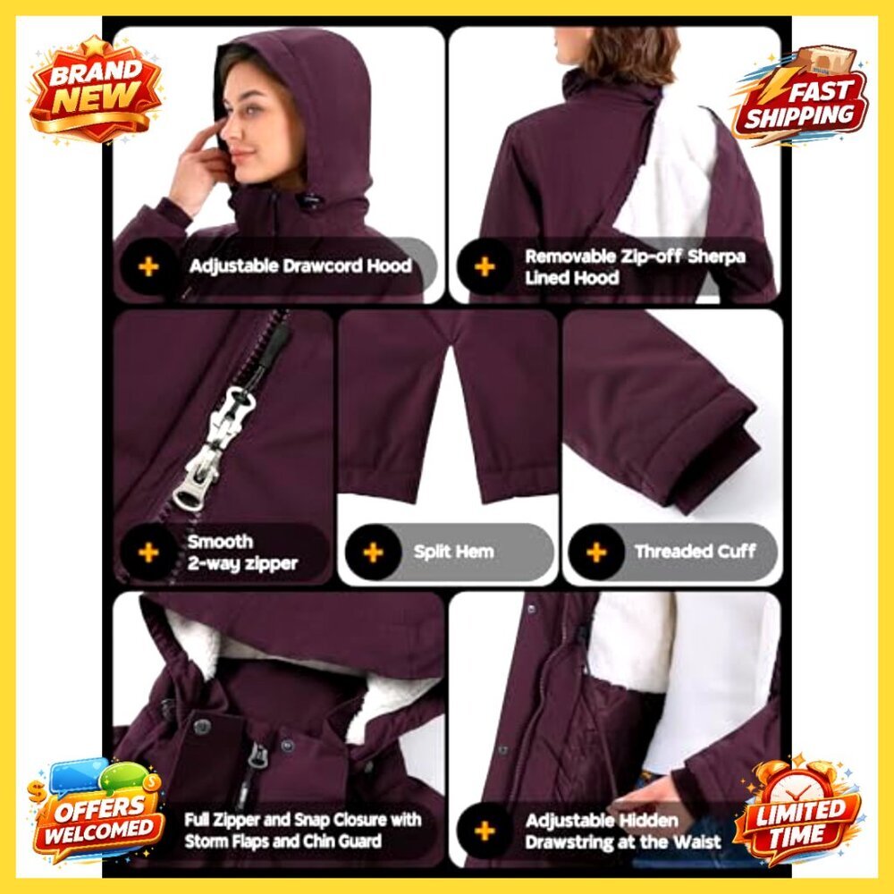 Women's Waterproof Fleece Lined Winter Parka with Removable Hood, Insulated - Picture 5 of 6